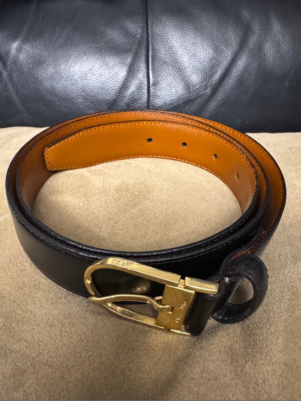 Christian Dior Split Leather Belt with Gold Tone Buckle, Size 40,  Color Black